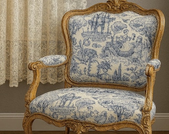 Vintage Toile Upholstery Fabric: Navy Blue Print - 150cm Width