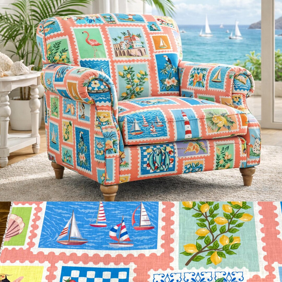 Linen and Upholstery Fabric by the Yard , Coastal Sea Life Patchwork ...