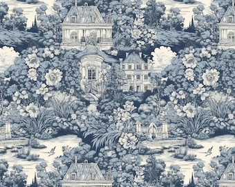 Blue Toile de Jouy Scenic Linen and Upholstery Fabric | French Country
