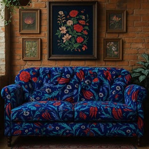 Ottoman Tulip Floral Upholstery Fabric: Blue & Red, Durable Sewing Material