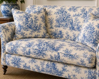 Classical Indigo Blue Toile Upholstery Fabric French Country Vintage Print