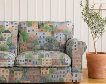 Tela de tapicería de casas de pueblo en acuarela cortada a medida, textil moderno para decoración del hogar