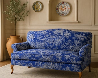 Blue Toile de Jouy Upholstery Fabric, French Country Sofa Material