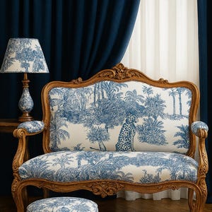Cobalt Blue Toile Upholstery Fabric: Vintage Style, 150cm Wide