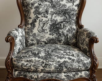 Vintage Toile möbeltyg: Svartvitt franskt lantligt tryck (150 cm bredd)