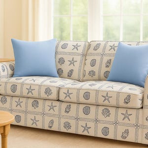 Tessuto per tappezzeria in stile costiero blu navy, materiale effetto lino nautico con conchiglie e stelle marine per divani e decorazioni per la casa