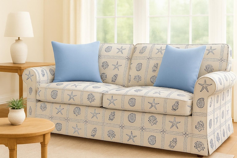 Navy Coastal Upholstery Fabric, Starfish Seashell Nautical Linen Look ...