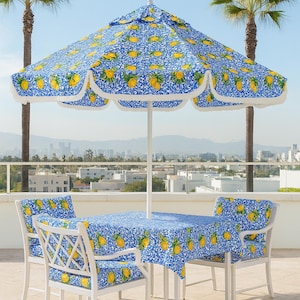 Mediterranean Lemon Print Upholstery Fabric: Blue Tile Pattern, Durable Home Decor