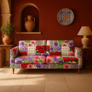 Pode incluir: Um sofá de dois lugares com um design de patchwork floral. O sofá apresenta uma mistura vibrante de flores vermelhas, rosa, roxas e brancas sobre um fundo creme. O sofá tem pernas de madeira e está colocado contra uma parede vermelha.