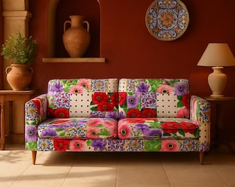 Colorful Patchwork Floral Upholstery Fabric for Sofas & Home Decor