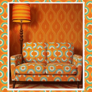 Retro Geometric Upholstery Fabric – 70s Orange Turquoise Print