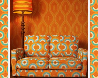 Retro Geometric Upholstery Fabric – 70s Orange Turquoise Print
