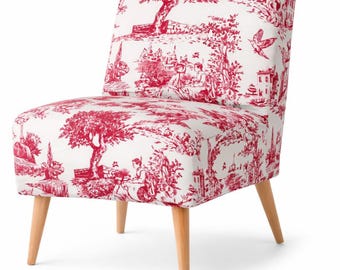 Red Toile de Jouy Upholstery Fabric by the yard - Vintage French Scenic Curtain Material