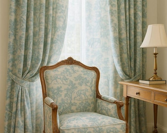 Vintage Toile Upholstery Fabric: Light Blue French Style Print, 150cm Wide