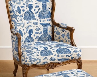 Blau-Weißer Chinoiserie-Polsterstoff: Vintage Orientalischer chinesischer Stil