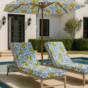 Mediterranean Lemon Print Upholstery Fabric: Blue Tile Pattern, Durable Home Decor