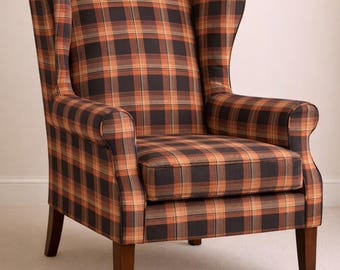 Brown Orange Plaid Upholstery Fabric, Rustic Tartan Check Pattern, Home Decor Textile by the Yard
