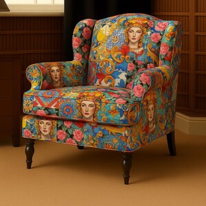 Puede incluir: Sillón estampado con respaldo alto y reposabrazos. La silla presenta un colorido diseño floral con retratos de mujeres. La paleta de colores incluye azul, rosa, amarillo y verde.