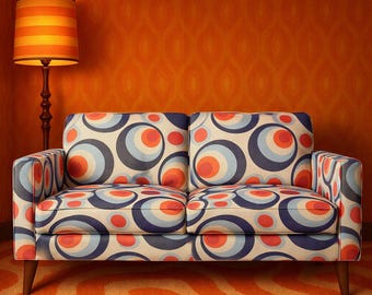 Retro Geometric Upholstery Fabric – 70s Orange Ecru Print