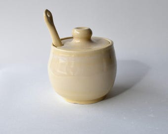 Handmade Ceramic Salt Jar with Spoon | Cream Honey Glaze | Kitchen Counter Storage