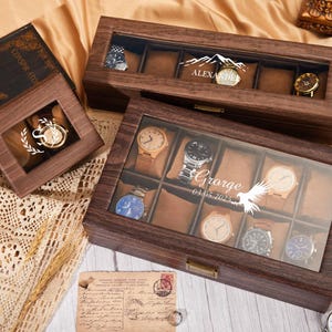 Personalisierte Holzmaserung Uhrenbox, Uhrenbox, Uhrenschmuckschatulle, braune Vintage Uhrenbox, Jubiläumsgeschenk für ihn, Vatertagsgeschenke