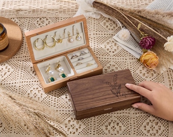 Personalized Birth Flower Jewelry Organizer,Engraved Wooden Jewelry Box,Jewelry Travel Case,Birthday Gifts,Bridesmaid Gift,Gifts for Mom/Her