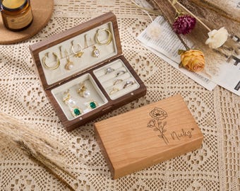 Custom Engraved Wooden Jewelry Box,Birth Flower Jewelry Box with Name,Personalized Jewelry Organizer,Anniversary Gifts,Wedding Gifts for Her