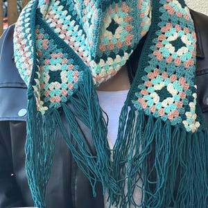 Crochet granny square scarf for women, Choose your color, Handmade retro afghan shawl, Cotton colorful long trend scarf, Handmade Xmas gifts