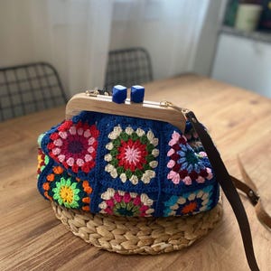 Vintage Crochet Bag - Handmade Colorful Granny Square Purse, Retro Boho Style Shoulder Bag, Unique Gift for Her
