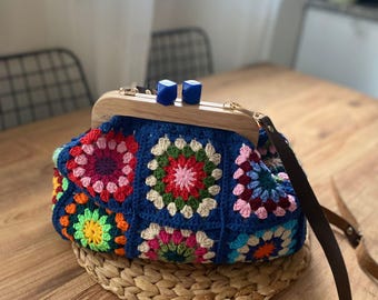 Vintage Crochet Bag - Handmade Colorful Granny Square Purse, Retro Boho Style Shoulder Bag, Unique Gift for Her