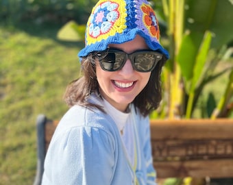 Crochet Granny Square Hat, Colorful Bucket Hat, Unisex Colorful Hat,  Handmade Festival Hat, Bhava Style Summer Bucket Hat, Vintage Hat