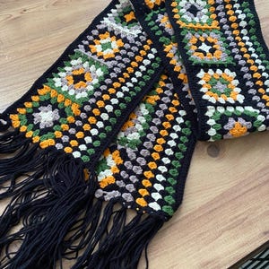 Granny Square Scarf, Crochet Scarf, Womans Colorful Muffler With Fringe, Handknit Long Scarf, Vintage Style Colorful Scarf, Gift for Her