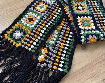 Granny Square Scarf, Crochet Scarf, Womans Colorful Muffler With Fringe, Handknit Long Scarf, Vintage Style Colorful Scarf, Gift for Her