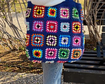 Granny square tote bag,Crochet tote With cotton strap crochet multicolor tote bag,crochet vintage granny square bag, gift for women