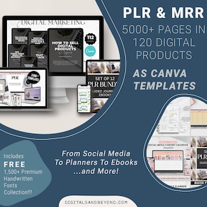 May include: A digital marketing product bundle featuring 5,000+ pages of Canva templates. The bundle includes 120 digital products, such as social media planners, ebooks, and guided journals. The image also shows a collection of 1,500+ premium handwritten fonts.