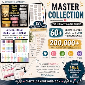 May include: Digital planner bundle with over 200,000 pre-cropped GoodNotes assets. Includes stickers, planners, templates, covers, and clipart. Features 495 calendar stickers in 5 colors, washi tapes, and 129 hand-drawn digital elements. Includes free handwritten fonts.