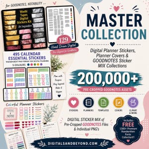 Könnte beinhalten: Digitale Planer-Sticker-Kollektion mit dem Text "MASTER COLLECTION" und "200.000+". Enthält digitale Sticker, Planer-Cover und GoodNotes-Sticker-Mix-Kollektionen. Mit farbenfrohen Planer-Stickern, Washi-Tapes und Kalender-Stickern.