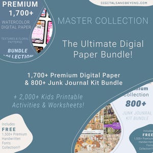 Mega Digital Bundle, 800 pagine di Junk Journal, 1700 carte digitali acquerellabili, 2000 schede di lavoro Kids Busy Book, 1500 font di scrittura a mano