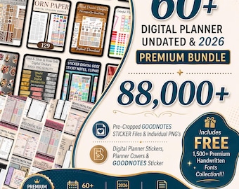 88000+ Digital Planner Stickers, Pre-cropped PNG Stickers (Goodnotes, Notability), 60+ 2026 undated digital planner bundle