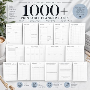 Könnte beinhalten: Eine Sammlung von über 1000 druckbaren Planerseiten mit schwarzem Text auf weißem Papier. Die Blätter enthalten tägliche, wöchentliche und monatliche Layouts, Finanz-Tracker, Zielsetzungen und Wellness-Protokolle in einem klaren Design.