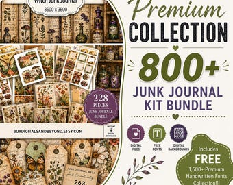 Op de afbeelding: Een digitale junk journal kit bundel met een premium collectie van meer dan 800 items. De afbeelding toont een verscheidenheid aan vintage-stijl papieren, tags en ephemera, met botanische en vlinder illustraties.