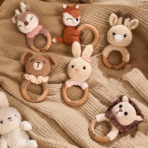 Personalized Toy Rattle · Baby gift · Animal Crochet Baby Rattle · Wooden rattle · Teether bites wood · Soothing rattle · Baby shower