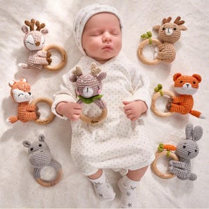 Personalized Toy Rattle · Baby gift · Animal Crochet Baby Rattle · Wooden rattle · Teether bites wood · Soothing rattle · Baby shower