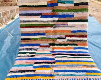 Alfombra de lana hecha a mano: diseño de rayas abstractas y coloridas: alfombra de lujo bohemia para decoración moderna