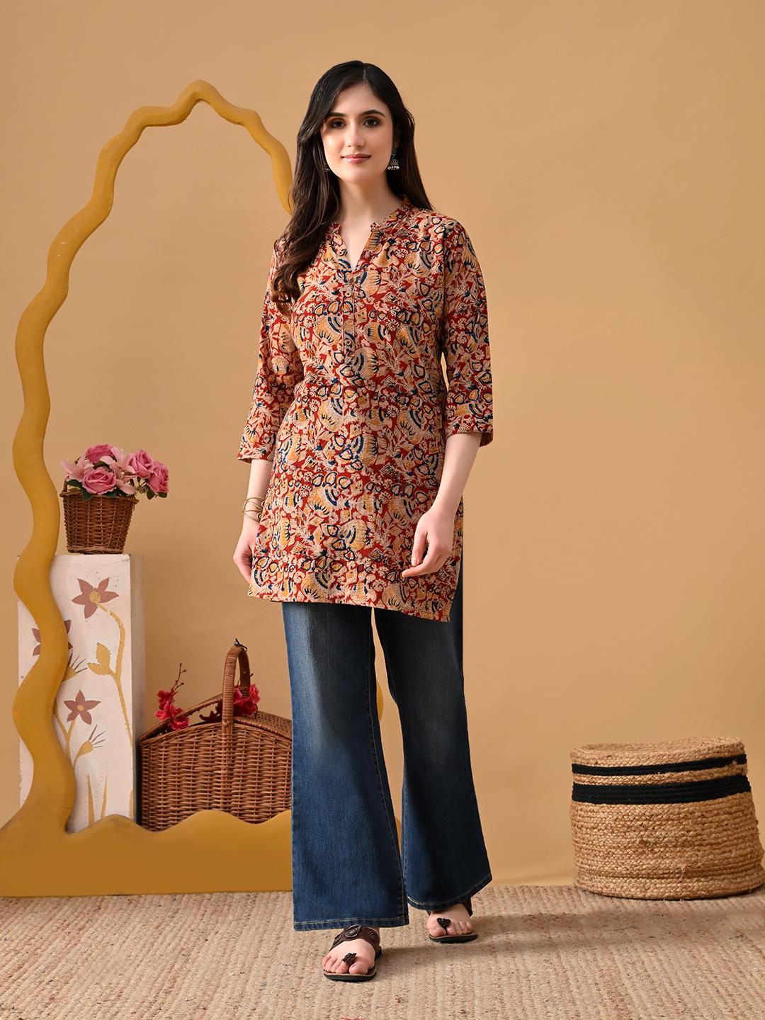 ANNI DESIGNER Kurta da donna in rayon viscosa con stampa Ikkat dritto