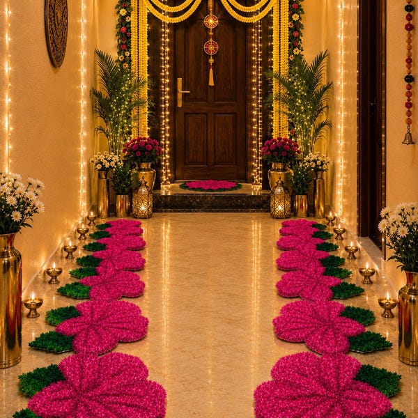 Juego de alfombras de piso con diseño floral Rangoli: Decoración de camino indio con flores rosas