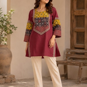 Maroon Pure Cotton Ajrakh Print A-Line Kurti with 3/4 Sleeves