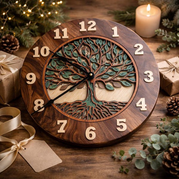 Tree of Life Wooden Wall Clock – 14-Inch Layered Hardwood Clock, Cherry or Walnut, Rustic Home Decor