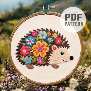 Floral Hedgehog Embroidery Pattern, Cute Hedgehog Embroidery ,Woodland Animal, Hedgehog and Flowers Embroidery PDF Instant Download