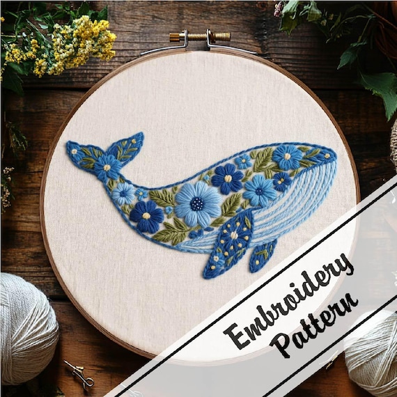 クジラとサンゴの刺繍タペストリー 花柄クジラ刺繍パターン、クジラ刺繍、海の生き物、クジラと花の刺繍